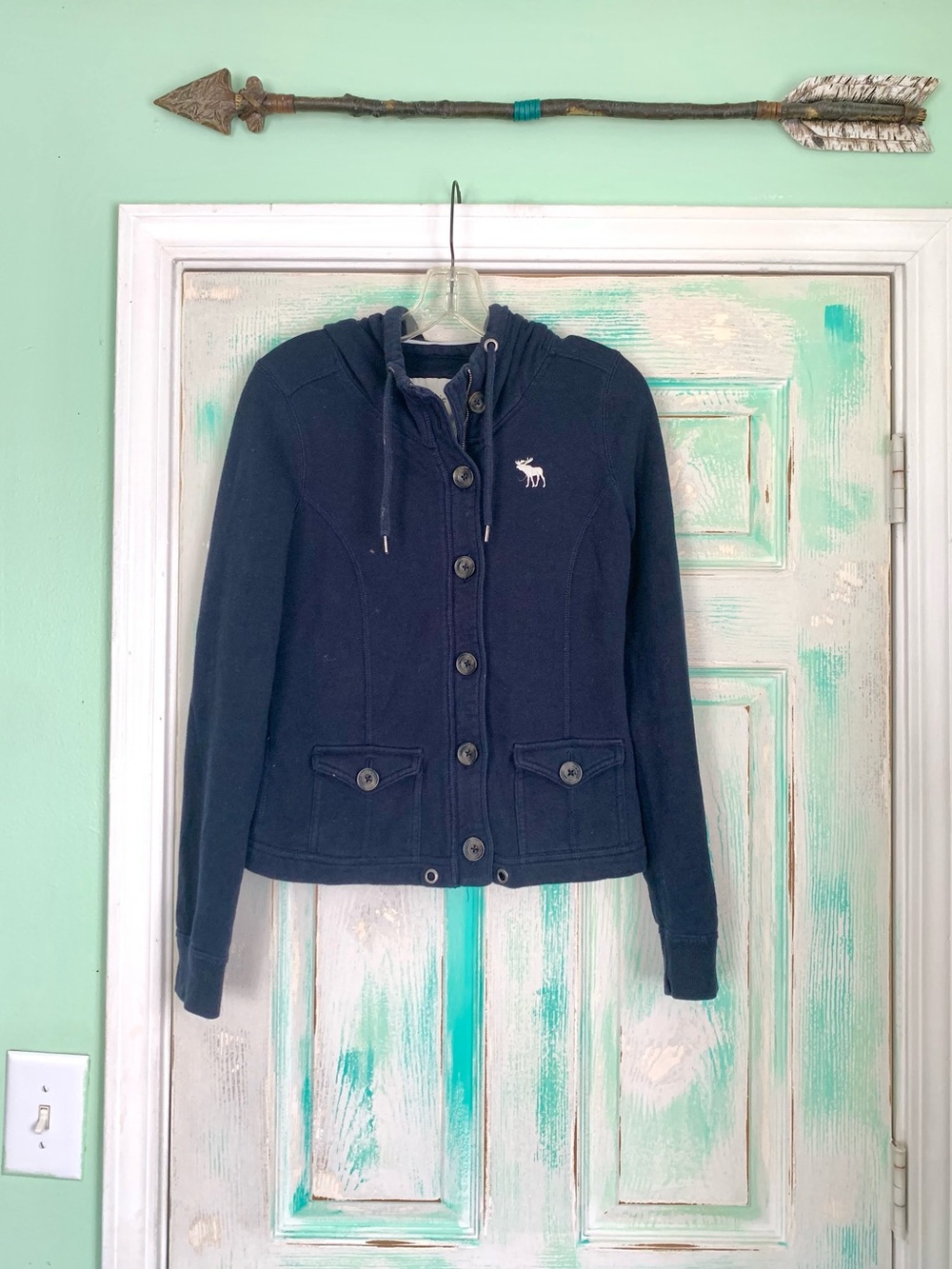 Abercrombie & Fitch Y2K Navy Blue Hooded Sweater With Buttons Jacket Medium